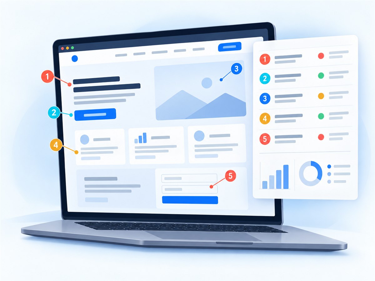 Illustration of a website UX audit with numbered callouts and a prioritised findings panel.
